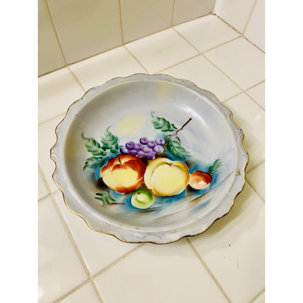 Vintage Hand Painted Plate "Mixed Fruit" Blue With Scalloped Edge & Gold Trim 9”